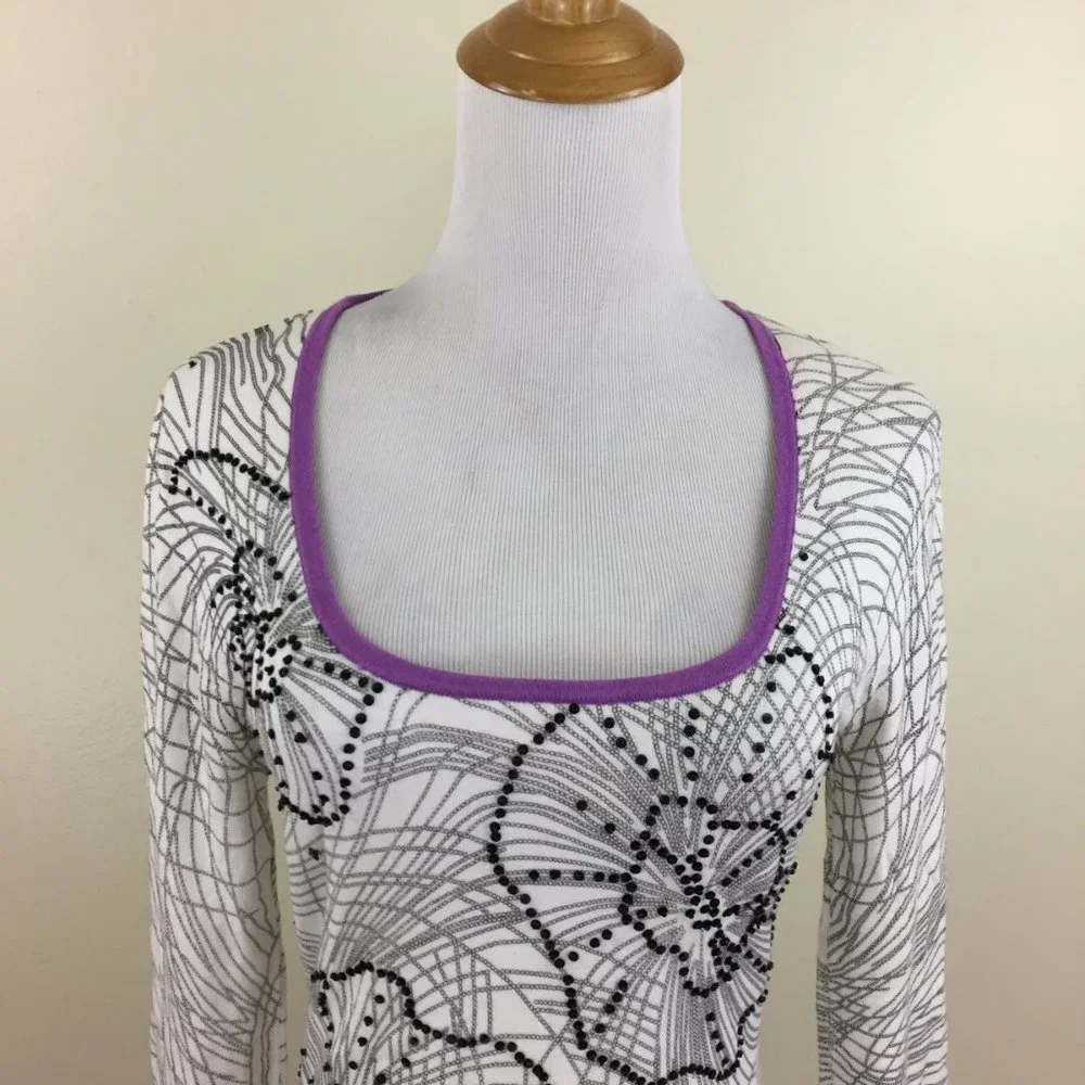 BCBGMAXAZRIA White Black Beads Floral Print Purple Trim Silk Blend Sweater - Picture 7 of 15